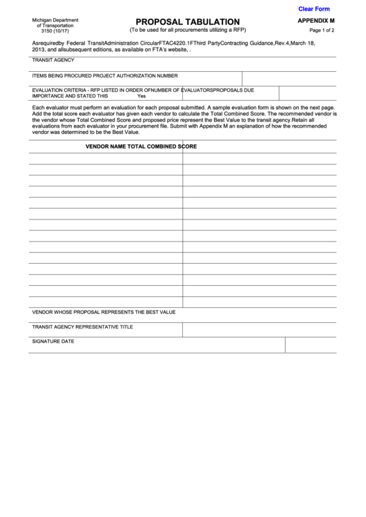 Fillable Appendix M Form 3150 - Proposal Tabulation - Michigan Department Of Transportation Printable pdf