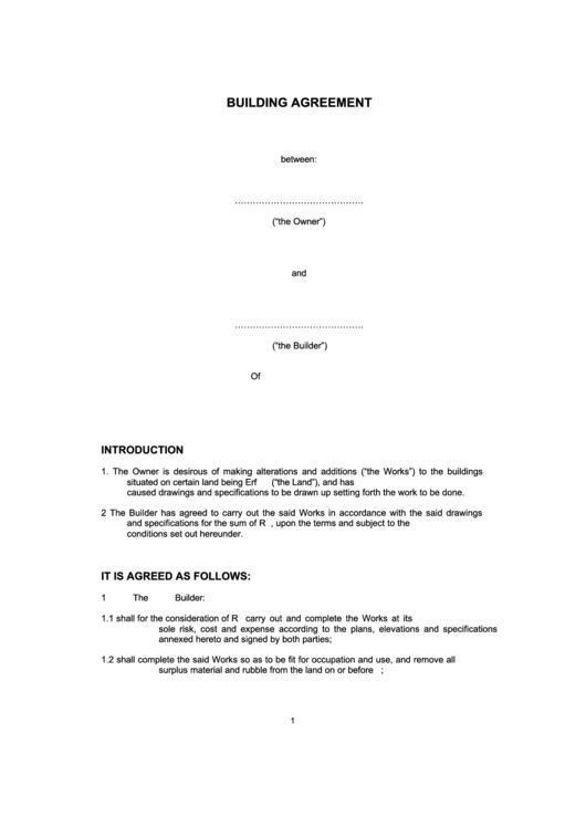 Building Agreement Template Printable pdf