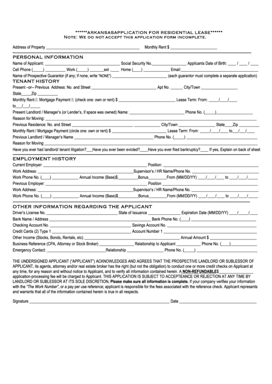 Fillable Arkansas Application For Residential Lease Printable pdf