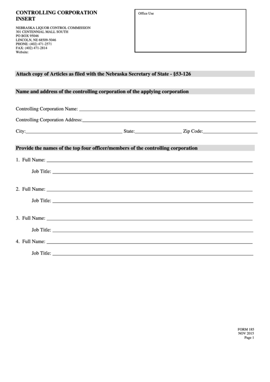 Fillable Form 185 - Controlling Corporation Insert Printable pdf