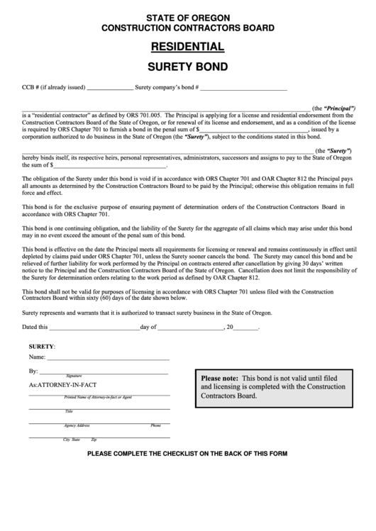 Residential surety bond oregon construction contractors board