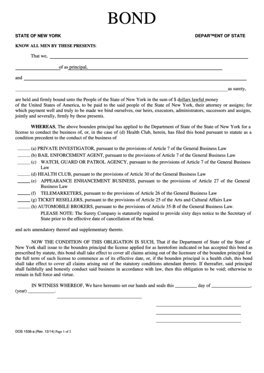 Form Dos 1536-A - Bond - New York Department Of State Printable pdf