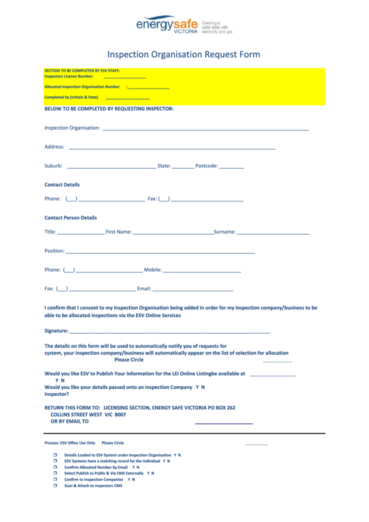 Inspection Organisation Request Form - Energy Safe Victoria Printable pdf