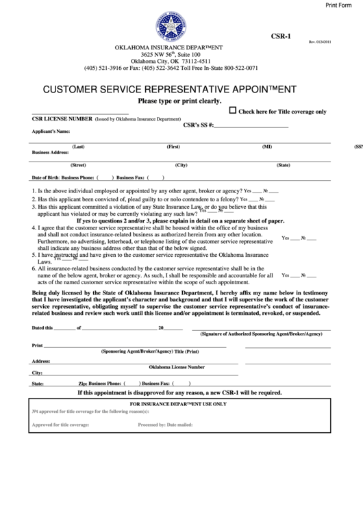 Fillable Form Csr-1 - Customer Service Representative Appointment Printable pdf