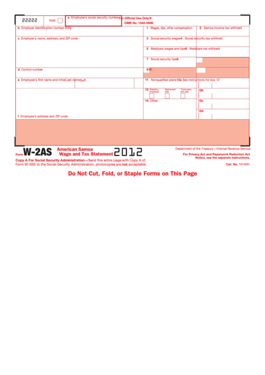 Form W-2as - American Samoa Wage And Tax Statement - 2012 Printable pdf
