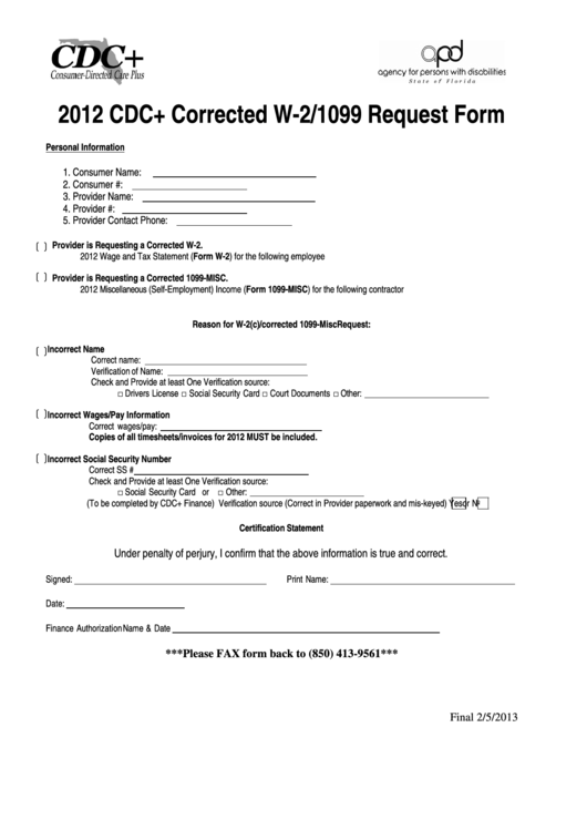 Cdc+ Corrected W-2/1099 Request Form - 2012 Printable pdf