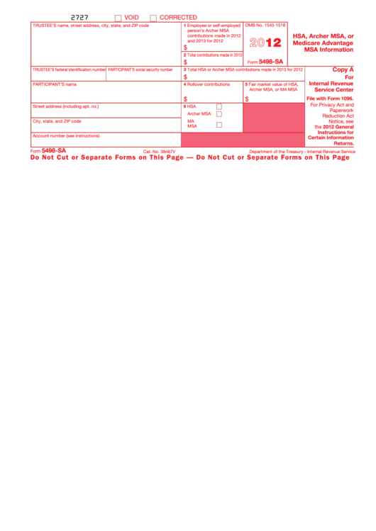 Form 5498-Sa - Hsa, Archer Msa, Or Medicare Advantage Msa Information - 2012 Printable pdf