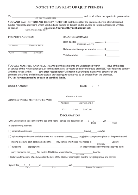 Notice To Pay Rent Or Quit Premises Form Printable pdf