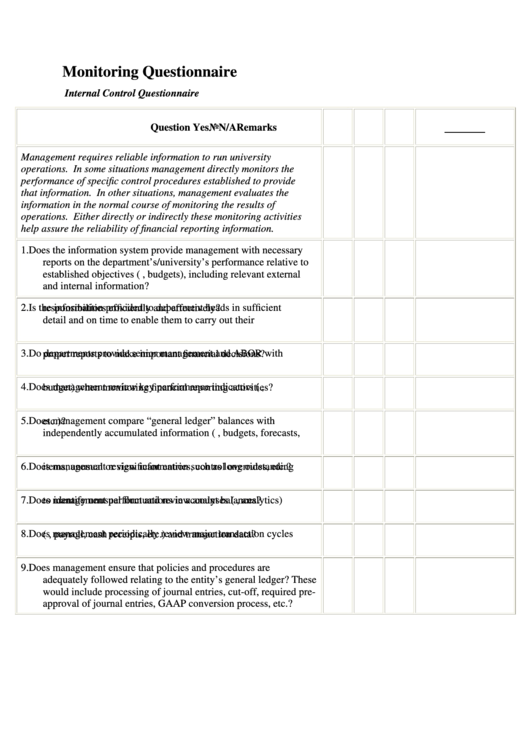 Internal Control Monitoring Questionnaire Template Printable pdf