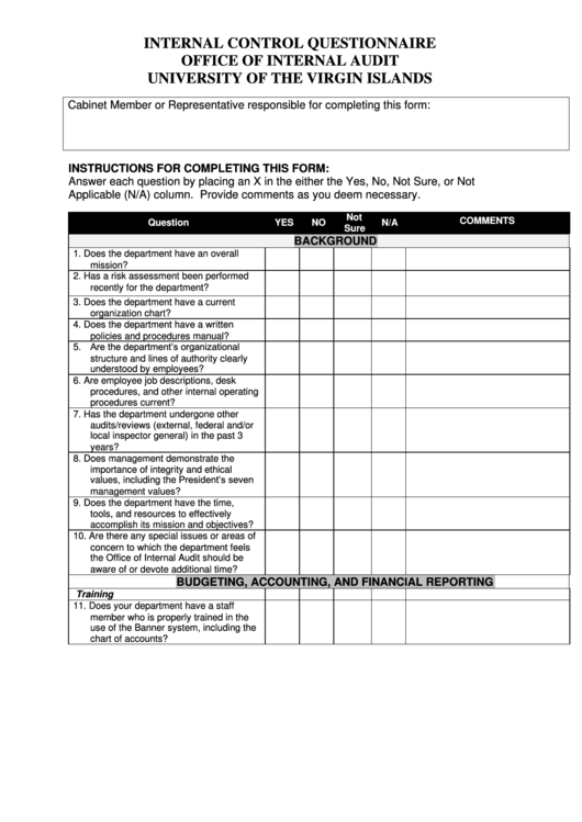 Internal Control Questionnaire Template printable pdf download