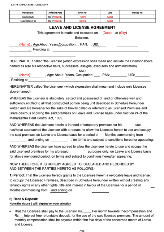 Leave And License Agreement Template Printable pdf