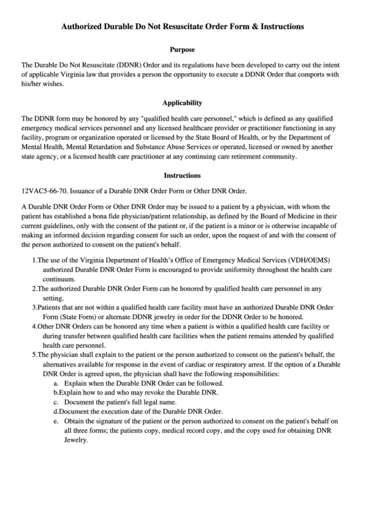 Form Ems - 7105 - Durable Do Not Resuscitate Order Printable pdf