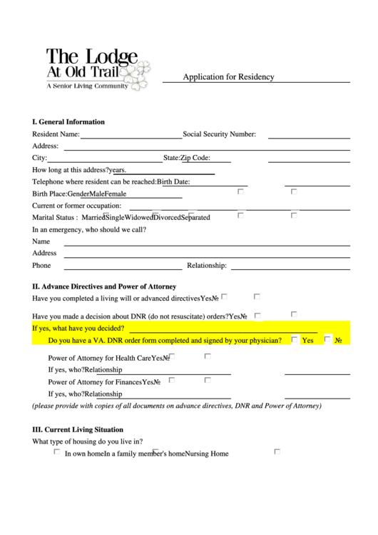 Application For Residency Printable pdf