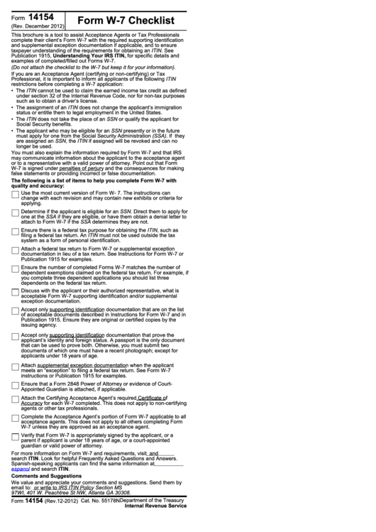 Fillable Form 14154 - Form W-7 Checklist/lista De Verificacion Del Formulario W-7(Sp) (English/spanish) Printable pdf