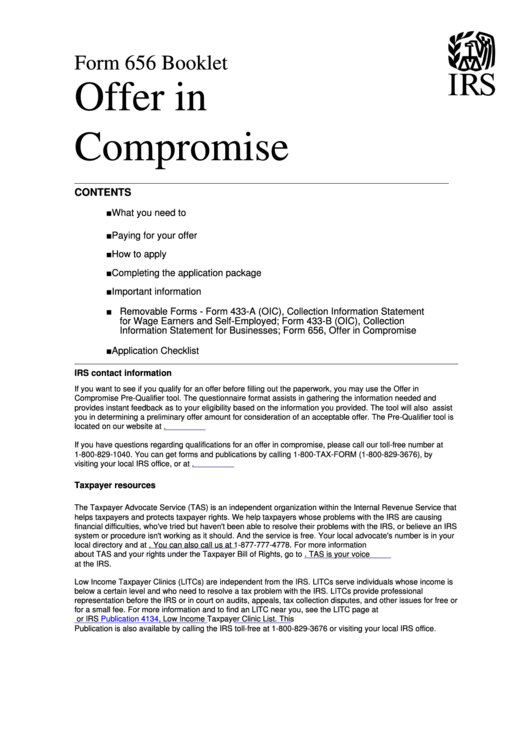 Fillable Form 656-B - Offer In Compromise Booklet Printable pdf