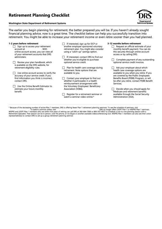 Retirement Planning Checklist - Washington State Department Of Retirement Systems Printable pdf