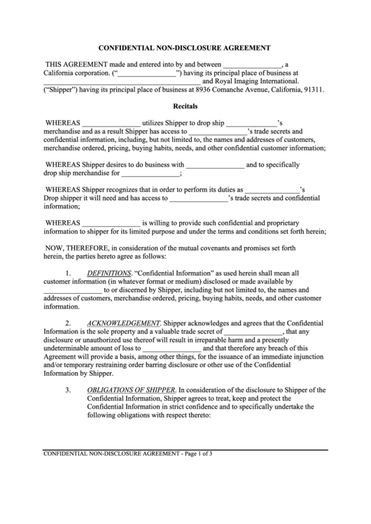 Confidential Non-Disclosure Agreement Template Printable pdf
