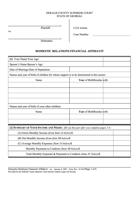 Domestic Relations Financial Affidavit - Dekalb County Superior Court Printable pdf