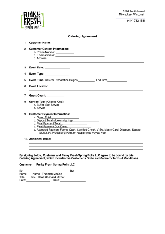 Catering Agreement Template Printable pdf