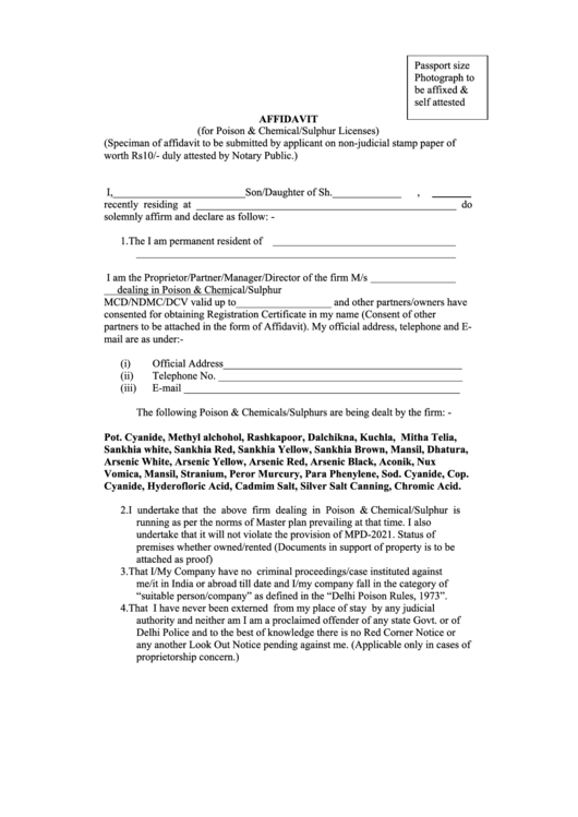 Affidavit (For Poison & Chemical/sulphur Licenses) Printable pdf