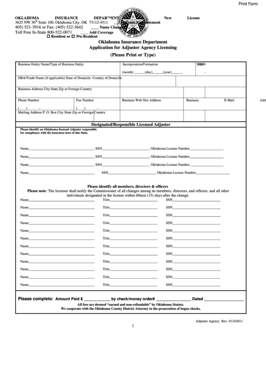Fillable Application For Adjuster Agency Licensing - Oklahoma Insurance Department Printable pdf