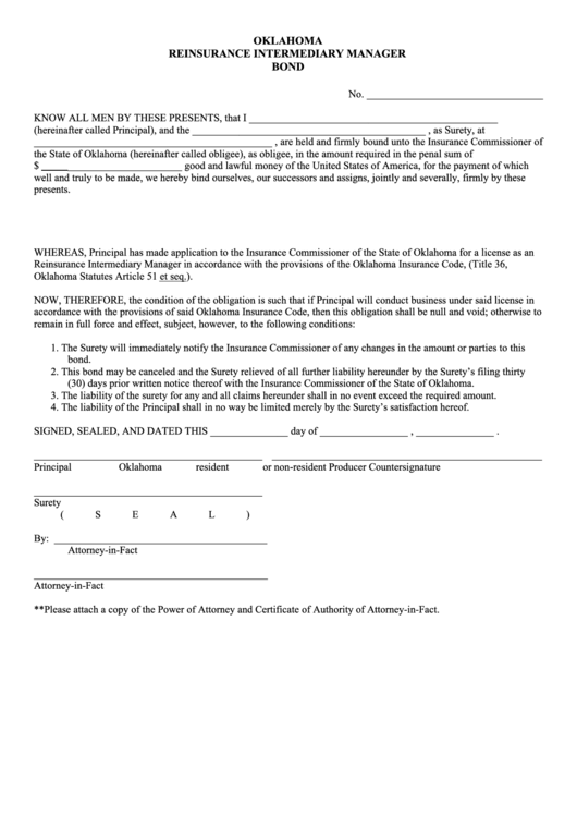 Oklahoma Reinsurance Intermediary Manager Bond Printable pdf