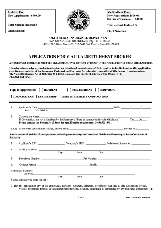 Form Vsb - Application For Viatical Settlement Broker Printable pdf