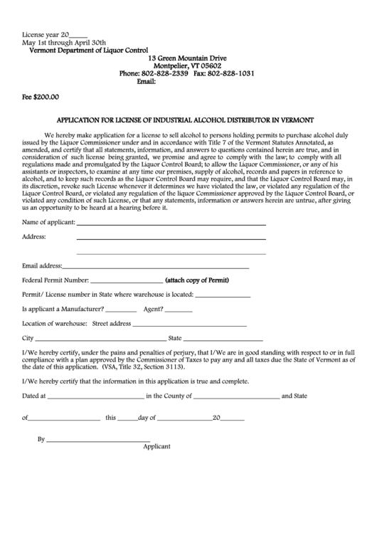 Application For License Of Industrial Alcohol Distributor In Vermont Printable pdf