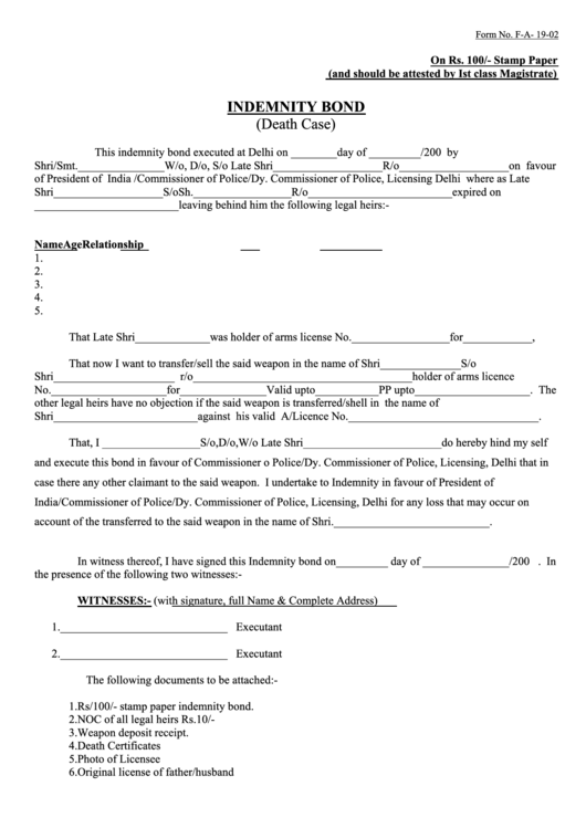 Form F-A- 19-02 - Indemnity Bond (Death Case) Printable pdf