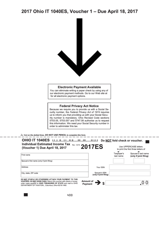 Fillable Form It 1040es - Individual Estimated Income Tax - 2017 Printable pdf