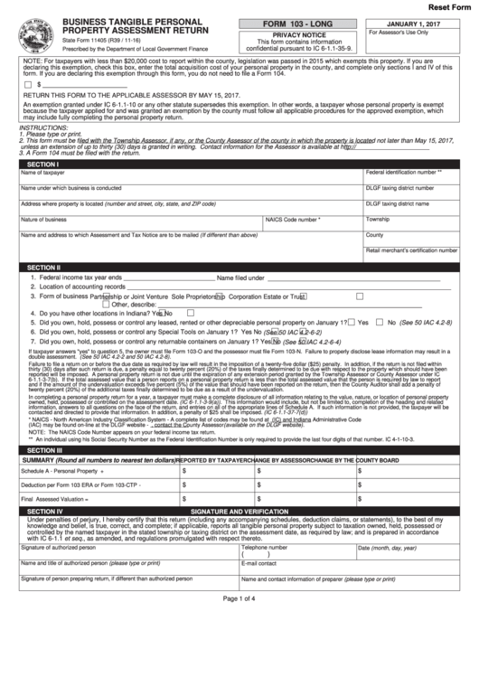 Form 103 Long - Business Tangible Personal Property Assessment Return - 2017