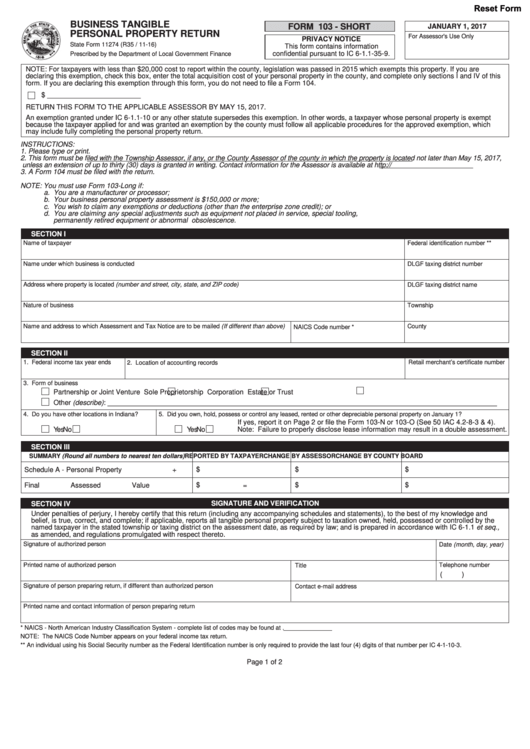 State Form 11274 - Business Tangible Personal Property Return - 2016