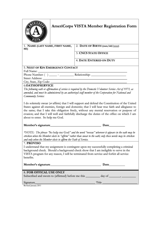 Americorps Vista Member Registration Form Printable pdf