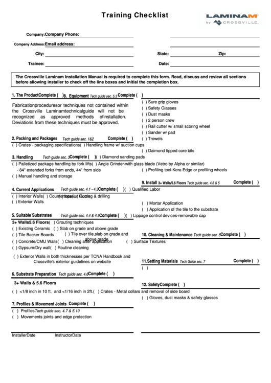 Training Checklist Template Printable pdf