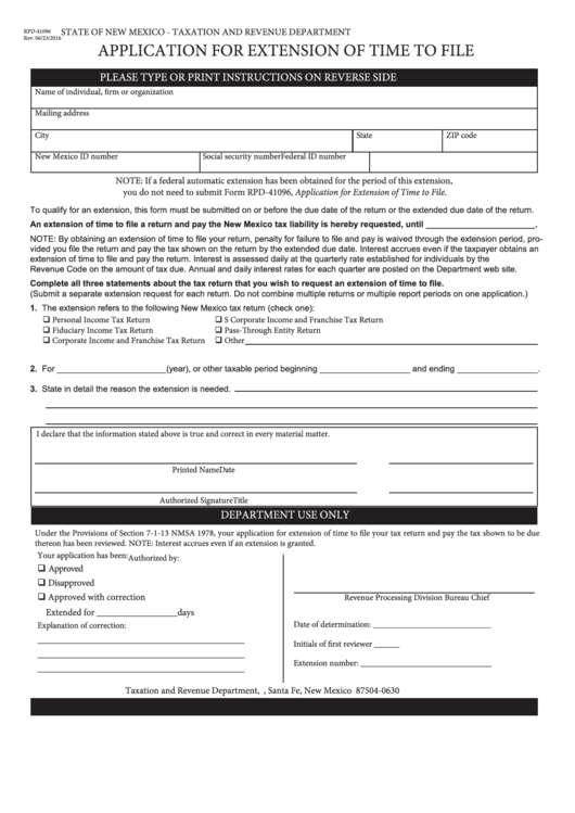 Form Rpd-41096 - Application For Extension Of Time To File - 2016 Printable pdf