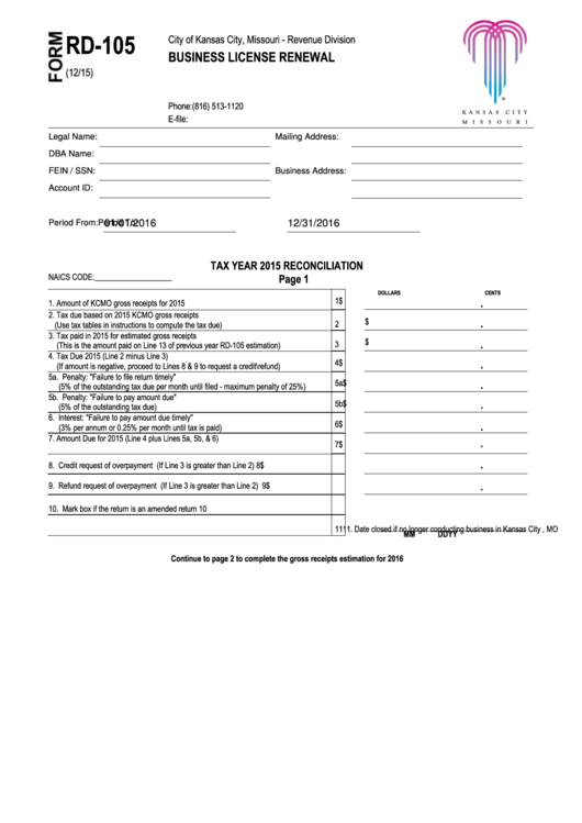 Fillable Form Rd-105 - Business License Renewal Printable pdf