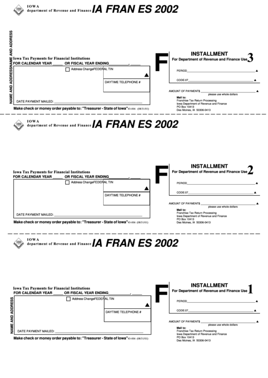 Form Ia Fran Es - Iowa Tax Payments For Financial Institutions - 2002 Printable pdf