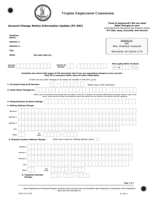 Fillable Form Fc-20c - Account Change Notice Information Update Printable pdf