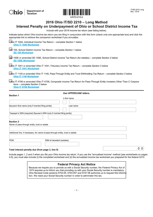 Fillable Form It/sd 2210 - Long Method Interest Penalty On Underpayment Of Ohio Or School District Income Tax - 2016 Printable pdf