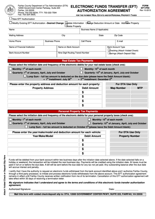 Fillable Form Eft-Pre - Electronic Funds Transfer (Eft) Authorization Agreement - 2013 Printable pdf