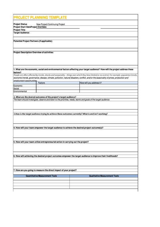 Project Planning Template Printable pdf