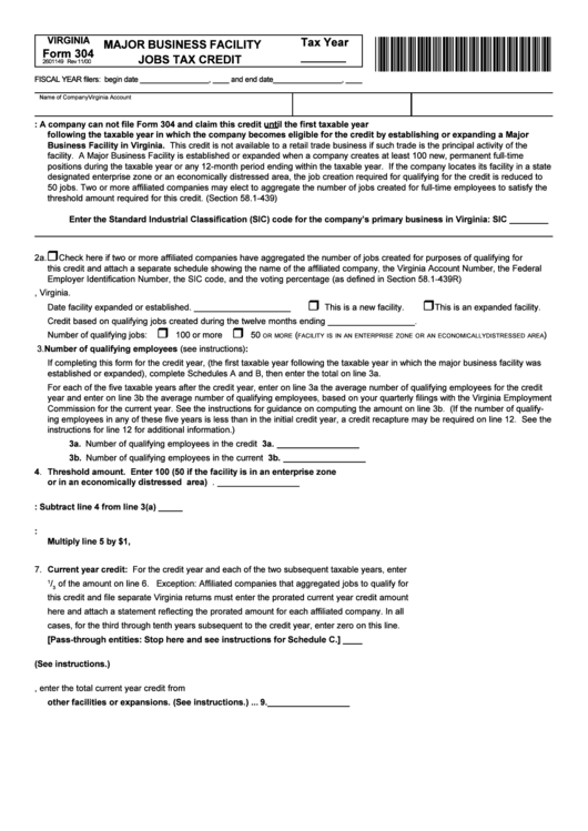 Virginia Form 304 - Major Business Facility Jobs Tax Credit Printable pdf