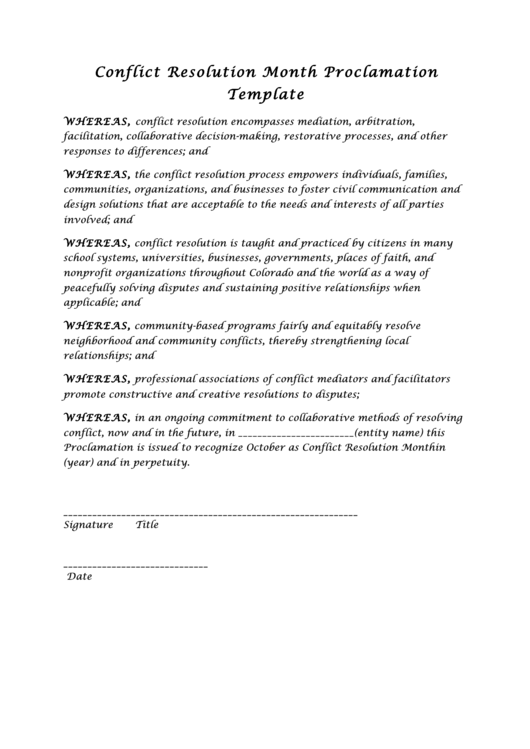 Conflict Resolution Month Proclamation Template Printable pdf