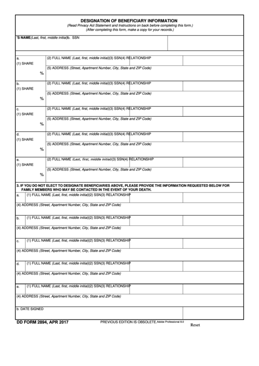 Fillable Dd Form 2894 - Designation Of Beneficiary Imformation Printable pdf