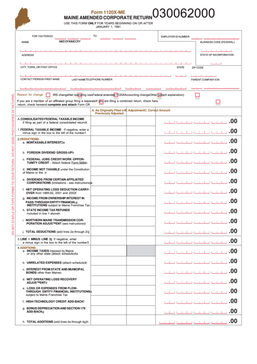 Fillable Form 1120x-Me - Maine Amended Corporate Return Printable pdf