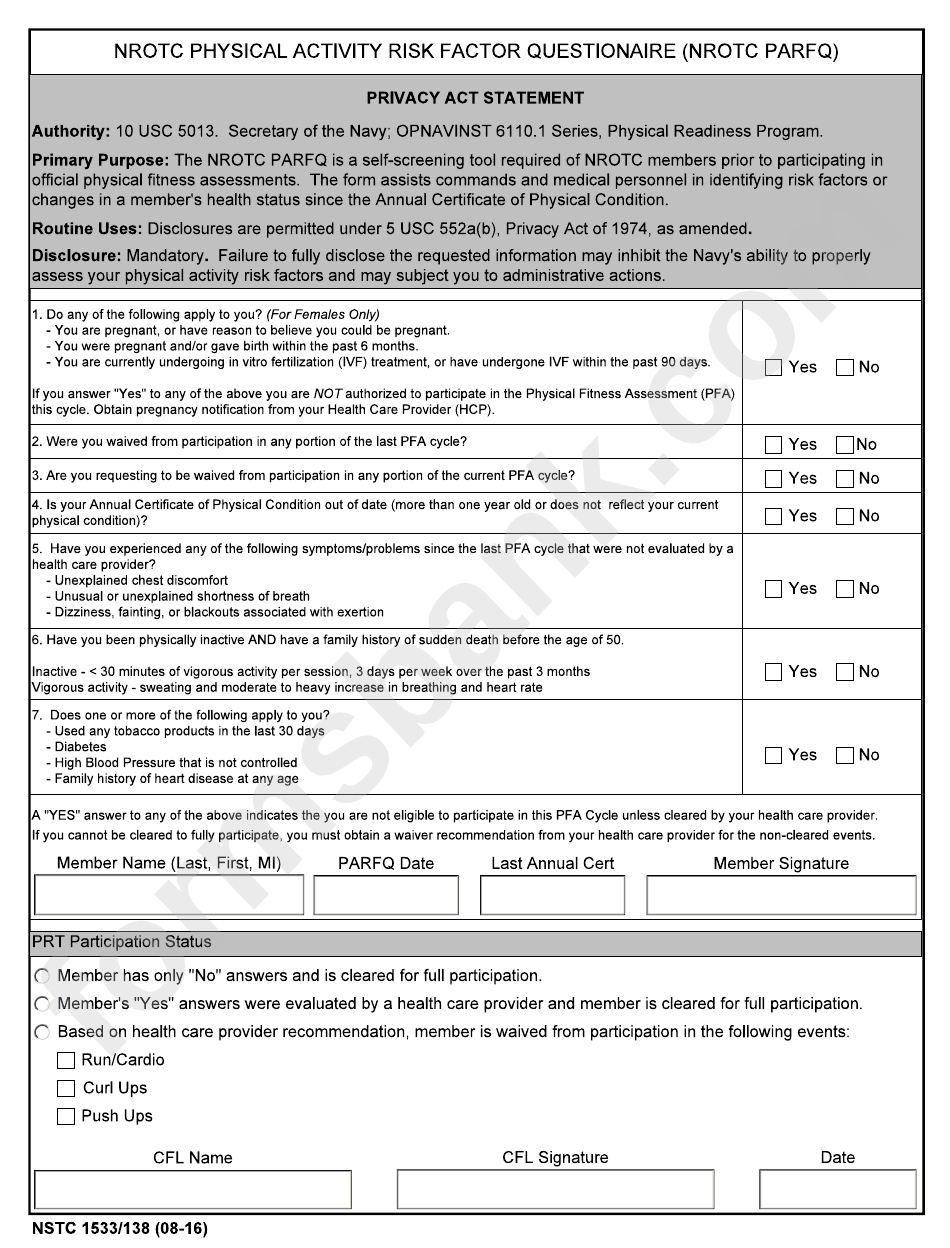 Form Nstc 1533/138 Nrotc Physical Activity Risk Factor Questionnaire