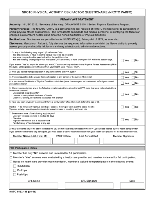 Form Nstc 1533/138 - Nrotc Physical Activity Risk Factor Questionnaire (Nrotc Parfq) Printable pdf