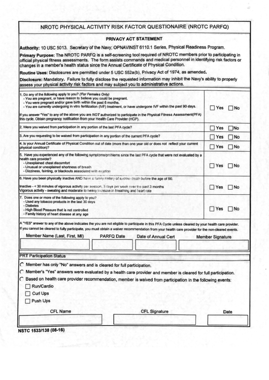 Fillable Form Nstc 1533/138 - Nrotc Physical Activity Risk Factor Questionnaire (Nrotc Parfq) Printable pdf