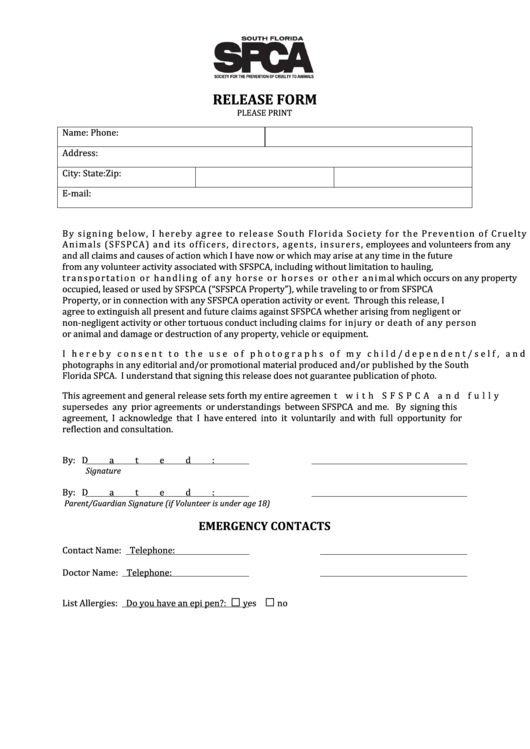Release Form - South Florida Spca Printable pdf