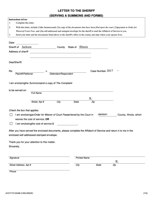 Fillable Form Jco171012aab-2.000.000 - Letter To The Sheriff (Serving A Summons And Forms) Printable pdf